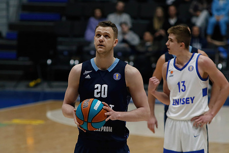 Andrey Zubkov (No.20) of Zenit seen in action during the 1/4 finals of the VTB United League basketball match between Zenit and Enisey at Sibur Arena. Final score; Zenit Saint Petersburg 104:55 Enisey Krasnoyarsk.