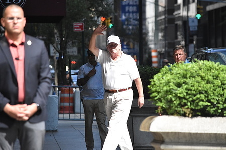 Former President Donald J. Trump waves to supporters outside Trump Tower. Former President of the United States Donald J. Trump arrives at Trump Tower in Manhattan, New York on Memorial Day at, 3:42 PM EST, May 29, 2023 after playing golf.