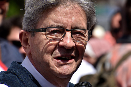 The leader of the far-left party La France Insoumise (LFI) Jean-Luc Mélenchon delivers a speech ahead of a demonstration called by unions and political parties against the pension reform of the French government. President Emmanuel Macron has enacted the reform with changes that should come into force before the end of this year 2023.