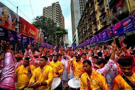 Devotees dance to the beat of drums on the Anant Chaturdashi day. The celebration begins on 'Chaturthi' and concludes on 'Anantha Chaturdashi'.The ten-day Ganesh Utsav concludes with prayers to the elephant-headed deity, revered as the god of wisdom, prosperity and remover of obstacles.