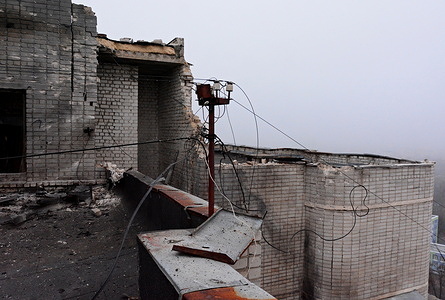 View of Fragment on the roof of a destroyed building during a Russian drone strike. Russia continues to attack Ukrainian cities especially the capital Kyiv with dozens of kamikaze drones every day in the third year of a full-scale military invasion.