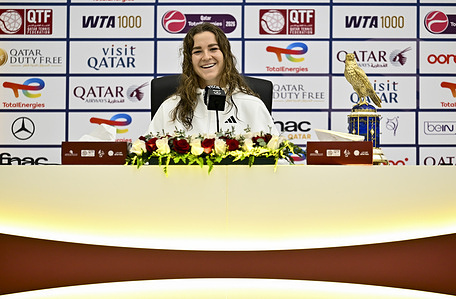 Karolina Muchova of the Czech Republic attends a press conference following her victory over Victoria Mboko of Canada in the women’s singles final of the Qatar TotalEnergies Open 2026 tennis tournament at the Khalifa International Tennis Complex. Karolina Muchova won against Victoria Mboko 6-4,7-5.
   