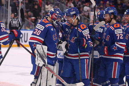 Yegor Zavragin (30), and Danila Galenyuk (79) SKA Hockey Club seen in action during the Hockey match, Kontinental Hockey League 2024/2025 between SKA Saint Petersburg and Admiral Vladivostok at the SKA Arena. (Final score; SKA Saint Petersburg 3:2 Admiral Vladivostok)