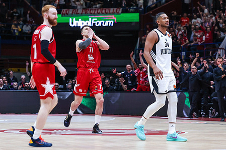Nathan Sestina #77 of EA7 Emporio Armani Milano celebrates during Turkish Airlines EuroLeague 2025/26 Regular Season Round 34 game between EA7 Emporio Armani Milano and Virtus Olidata Bologna at Allianz Cloud. Final score EA7 Emporio Armani Milan 103 | 87 Virtus Olidata Bologna.