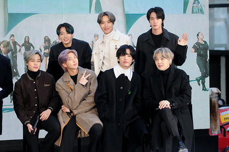 NEW YORK, UNITED STATES - FEBRUARY 21, 2020:
(L-R) Jimin (Park Jimin), Jungkook (Jeon Jeongguk), Rap Monster (Kim Nanjoon), J-Hope (Jung Hoseok), V (Kim Taehyung), Jin (Kim Seokjin) and SUGA (Min Yoongi) of BTS (Bangtan Boys) band visit the Today Show at Rockefeller Plaza in New York City.