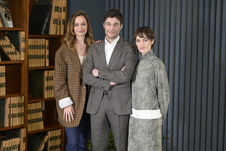 Gaia Messerklinger (L), Lino Guanciale (C) and Grace Kicaj (R) attend the photocall of Rai tv series Le libere donne at Rai new center Via Alessandro Severo.