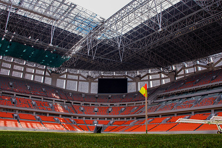 Football field lawn construction is being carried out. Development Progress of Jakarta International Stadium, the construction has reached 97 percent and its targeted by the end of March to be completed.