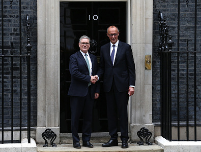 Friedrich Merz, Germany's chancellor and Sir Keir Starmer, UK prime minister, pose outside 10 Downing Street in London.