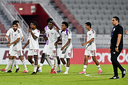 Players of Qatar, reacts after the AFC U20 Asian Cup China 2027 Qualifiers match between Hong Kong, China and Qatar at Abdullah Bin Khalifa Stadium. Final score; Hong Kong, China 0 : 3 Qatar