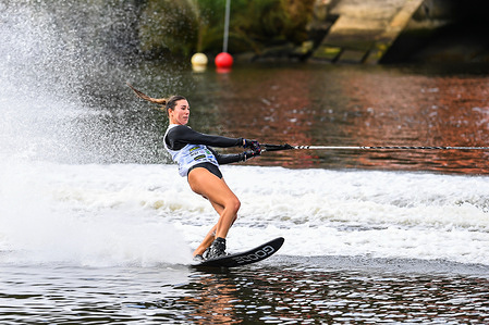 Cristhiana De Osma of Peru seen in action during the Waterski Slalom competition of Nautique Moomba Masters and Wakeboard Invitational Championships 2026 at Yarra River. Moomba Masters is bringing world acclaimed athletes to compete in various disciplines of water skiing activities. It is held annually in the heart of the city on the Yarra River in conjunction with the Melbourne Moomba Festival.​
