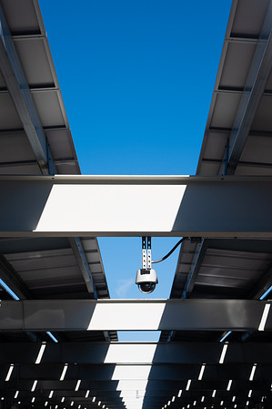 A surveillance camera overlooks a parking garage at the University of Maryland.
