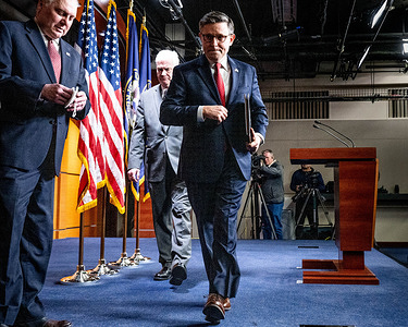 House Speaker Mike Johnson (R-LA) leaving a press conference at the U.S. Capitol.