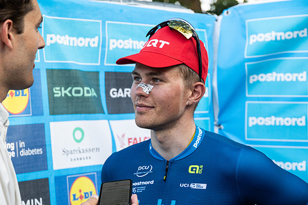 Matias Gunnar Malmberg of Denmark and AIRTOX - Carl Ras speaks to press during the mixed zone after 2 stage of PostNord Danmark Rundt 2025. The second stage of the PostNord Danmark Rundt 2025 cycling race started in Rødovre and finished in Gladsaxe.