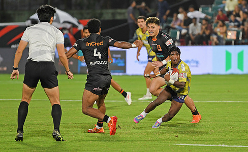 Sukumar Hembrom (R) of Hyderabad Heroes in action during the Rugby Premier League (RPL) semifinal match played between Bengaluru Bravehearts and Hyderabad Heroes. Hyderabad Heroes 17 – 12 Bengaluru Bravehearts
