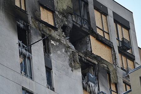 A damaged residential building stands with traces of fire after Russian drone-and-missile attack. Russian strikes on the capital and its suburbs killed at least three people, Kyiv's Mayor said. According to the Mayor, residents need to prepare for severe frosts as Russia has significantly damaged the city’s energy system which may result in interruptions to heat and electricity supplies.