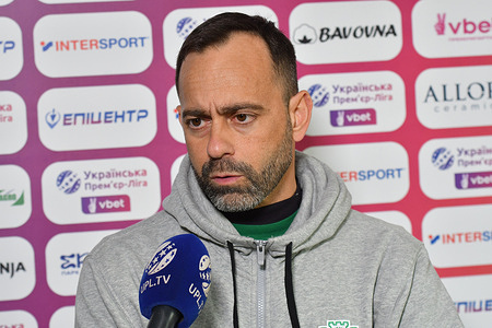 Fran Fernández, head coach of FC Karpaty Lviv, is seen at a press conference following the Ukrainian Premier League match against FC Epicentr Kamianets-Podilskyi at Arena Livyi Bereh. Final score; FC Karpaty Lviv 0:0 FC Epicentr Kamianets-Podilskyi