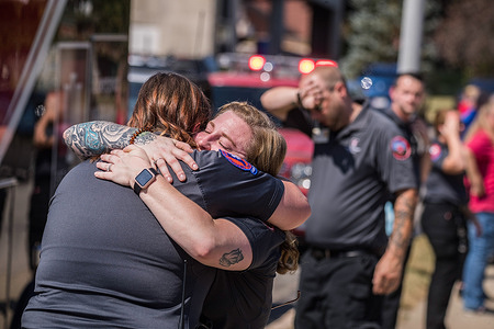 During a procession on W. Second Street, IU Health Bloomington EMS workers mourn their coworker Kyle Martincic, a paramedic, who died yesterday after a medical emergency while working for White River Valley Township Fire Department in Bloomington. 
Martincic also worked for IU Health Bloomington as a paramedic. Martincic, who was on an emergency call at the time of his own sudden illness, died at Methodist Hospital in Indianapolis. He was the second area Paramedic to die recently from a heart issue. Owen County EMS (Emergency Medical Services) worker Brandon Staley recently died while on duty.