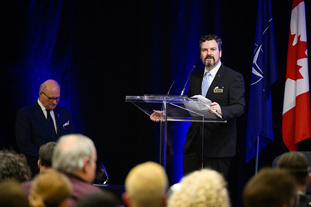 NATO Association of Canada President Robert Baines addresses a capacity crowd of military officials, diplomats, and industry leaders during the Gala Reception of Honour at the InterContinental Hotel.