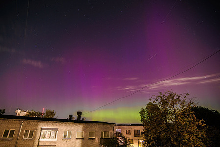 A meteor from the Perseids meteor shower streaks as the northern lights (aurora borealis) illuminate the night sky above Lithuania's capital Vilnius.