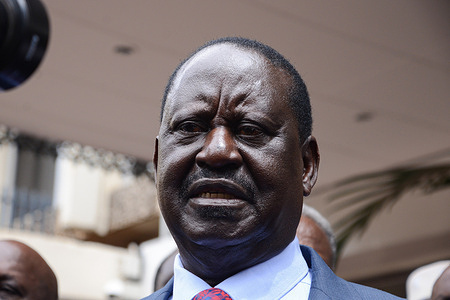 Azimio la Umoja presidential candidate Raila Odinga speaks to the media outside Hilton Hotel in Nairobi.