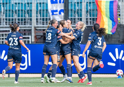 Melbourne Victory's players celebrate after scoring a goal during the A-Leagues Women’s match between Melbourne Victory and Central Coast Mariners at the Home of The Matildas. Final score Melbourne Victory 2 : 0 Central Coast Mariners