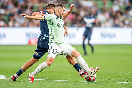 Melbourne Victory's Zinedine Machach and Western United's Ben Garuccio seen in action during the A-League game between Melbourne Victory FC and Western United FC at AAMI Park. Final score Western United 4:3 Melbourne Victory