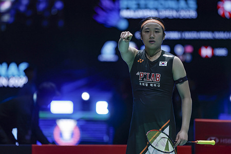 An Se Young of Korea celebrates victory against Wang Zhi Yi of China (not pictured) during the Women's Singles Final match of the Petronas Malaysia Open 2026 at Axiata Arena. An Se Young won with scores; 21/24 : 15/22.