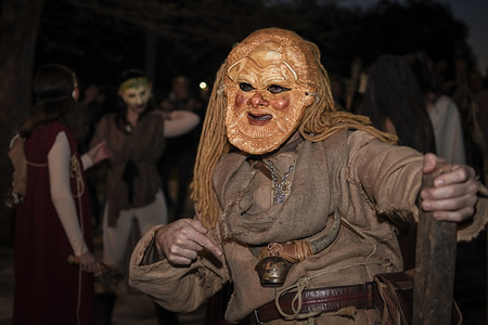 A participant dressed up during the Falliforia or Fallagogia, an ancient Greek festival honoring the god Dionysus with orgiastic character.
