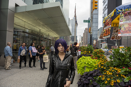 Cosplayers seen outside the Jacob Javits Center during the 2025 Anime NYC.