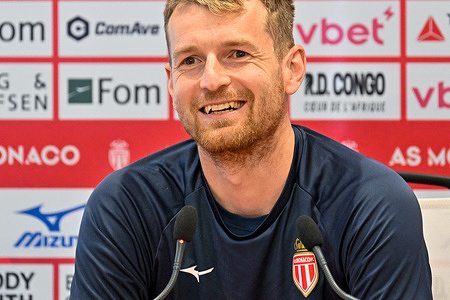 AS Monaco goalkeeper Lukas Hradecky attends a press conference ahead of the match against Olympique de Marseille, which will take place on Sunday, April 5, at the Stade Louis II, at the AS Monaco training center.