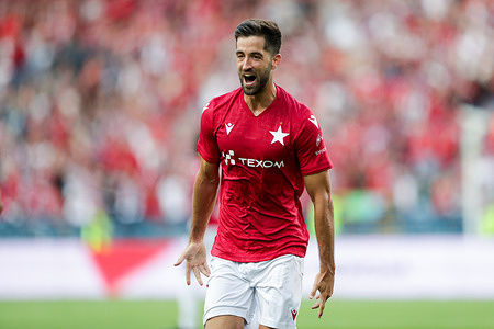 Marc Carbo of Wisla Krakow celebrates after scoring a goal during the Eliminations UEFA Europa League 2024/2025 football match between Wisla Krakow and Rapid Wien at Municipal stadium. Final score; Wisla Krakow 1:2 Rapid Wien.