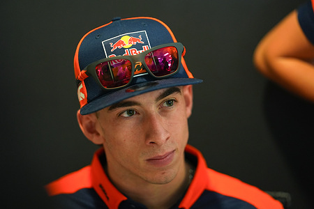 Pedro Acosta of Red Bull KTM Factory Racing in the media zone after the MotoGP free practice session at the Chang International Circuit
