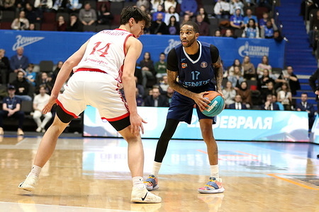 Xavier Moon (17) of Zenit and Pasha Ismailov (14) of MBA-MAI in action during the VTB United League basketball match, Regular Season, between Zenit Saint Petersburg and MBA-MAI Moscow at "kck Arena". Final score; Zenit 84:74 MBA-MAI.
