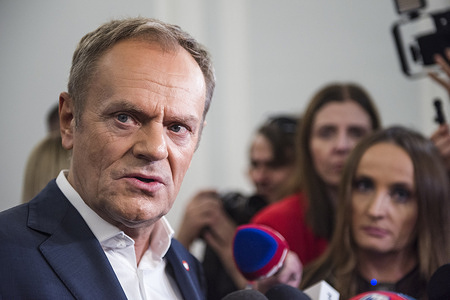 Donald Tusk, leader of the Civic Platform and former PM speaks during a press conference at the parliament. Continuation of the first session of the Lower House of Polish Parliament (Sejm) of the 10th term.