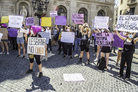 Protesters hold placards during the demonstration.Feminist groups have demonstrated in Barcelona against the ‘Trans Law’ a law that seeks to recognize the rights infringed on Trans people, by the Spanish Minister of Equality, Irene Montero. The law will reach the Council of Ministers this Tuesday and feminists ask the PSOE (Spanish Socialist Workers' Party) to vote against and not allow it to go ahead. Transgender group and supporters have held a counter-demonstration at the entrance of the square where the feminists were. A strong police barrier has prevented the opposing demonstrations from meeting.