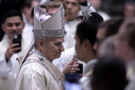 Pope Leo XIV leaves at the end of a Mass on the Feast of the Presentation of the Lord and the 30th World Day for Consecrated Life in St. Peter's Basilica.