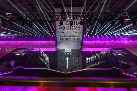 Artists perform during the opening ceremony of the 4th GCC (Gulf Cooperation Council) Games Doha 2026 at Al Shaqab Indoor Arena.