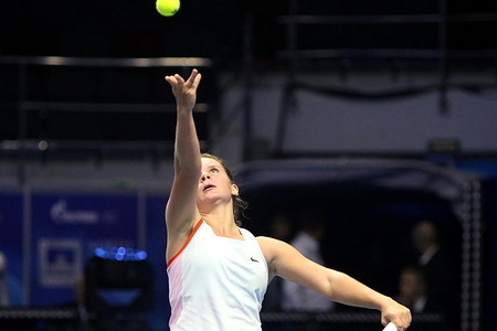 Victoria Milovanova of Russia plays against Daria Shadchneva (not pictured) of Russia during the exhibition tennis match of the North Palmyra Trophies - International Team Exhibition Tennis Tournament at KSK Arena. Final score; Daria Shadchneva 2:0 Victoria Milovanova.