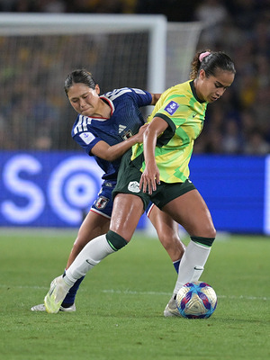 Mary Fowler (R) of Australia women football team and Fuka Nagano (L) of Japan women football team seen in action during the AFC 2026 Women's Asian Cup Final match between Japan and Australia held at the Stadium Australia. Final score Japan 1 : 0 Australia