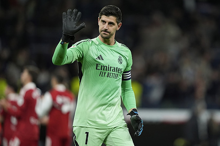 Thibaut Courtois of Real Madrid CF waves at the team fans after the LaLiga EA Sports match between Real Madrid CF and Sevilla FC at the Santiago Bernabéu. Final Score; Real Madrid CF 2-0 Sevilla FC