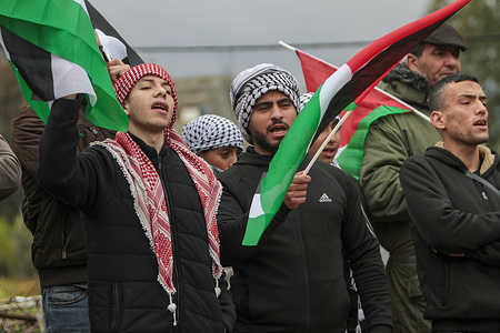 Palestinian protesters chant slogans and hold flags during the demonstration against Israeli settlements in the village of Beit Dajan near the West Bank city of Nablus.