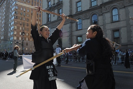 People perform the martial arts of kendo in the Japan Parade. The fourth Japan Parade took place in Manhattan, New York City. The annual parade commemorating Japanese culture draws dancers, singers, bands, martial artists and revelers to the Upper West Side of Manhattan, New York City.
