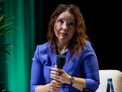 Valentina Schippers-Opejko, Coordinator of the Urban Agenda Partnership on Innovative and Responsible Public Procurement, speaks to the audience on the second day of the Cities Forum, the EU urban planning summit held at the ICE Kraków Congress Centre.