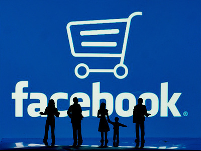 In this photo illustration, Miniature figures stand in front of a Facebook Shop logo.