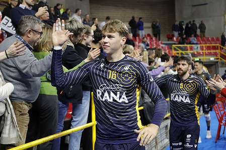 Lukas Glatz (16) of Rana Verona Volley celebrates their victory at the end of the match of SuperLega Italian Volleyball Championship 2025/2026 between Rana Verona Volley and Cisterna Volley at the Pala AGSM-AIM Forum. Final score Rana Verona Volley 3 : 0 Cisterna Volley