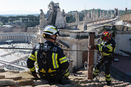 A view of the chimney preparation in the conclave on the roof of the Sistine Chapel.