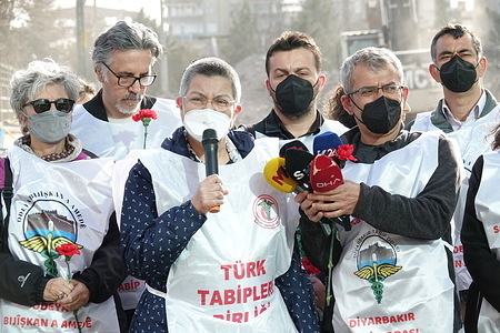 President of the Turkish Medical Association, Sebnem Korur Fincanci (2nd L), is seen speaking during the memorial ceremony. The Turkish Medical Association held an event commemorate the 600 health workers who died in the earthquake of February 6th.