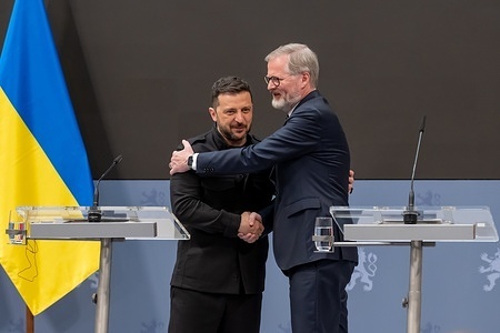 President of Ukraine Volodymyr Zelenskyy(L), known as Zelensky and Czech Prime Minister Petr Fiala (R) seen during a joint press conference after their meeting in Prague. Ukrainian president Volodymyr Zelenskyy and Prime Minister of Czech republic Petr Fiala discuss current situation of Russian aggression in Ukraine, Czech ammunition initiative, possibilities of ceasefire and peace in Ukraine.