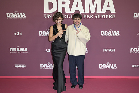 Zendaya Maree (l) and Kristoffer Borgli (r) attend the Italian premiere red carpet of movie The Drama at Cinema Adriano.