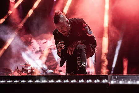 Singer Adam Gontier of Three Days Grace performs on stage at Sequoie Music Park. The famous Canadian alternative rock band returned to Italy for a single, highly anticipated, sold-out summer date, which saw longtime frontman Adam Gontier perform on stage again alongside Matt Walst.